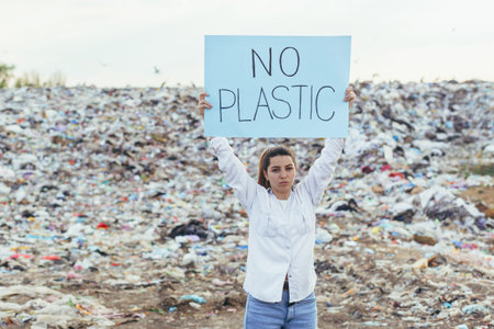 Woman at landfill volunteer holding a poster save the earth