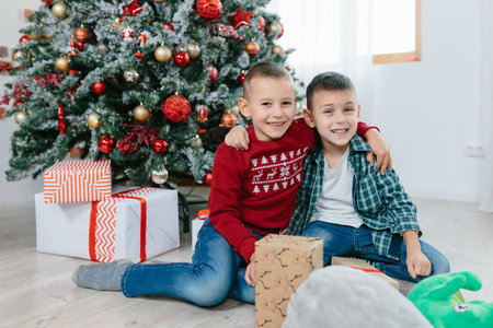 Two little boys kids playing together near the Christmas tree, smiling and looking at the cameraの写真素材