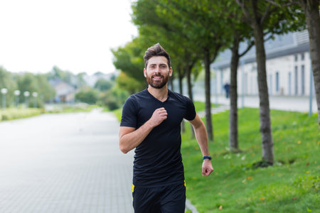 Young Caucasian bearded happy man runner jogging down the street on urban background of city park. Morning jog. Active healthy lifestyle fitness. Sport workout outdoor. Athlete training run exerciseの写真素材