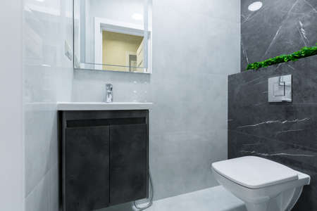 Small bathroom, guest toilet with black tiled interiorの写真素材