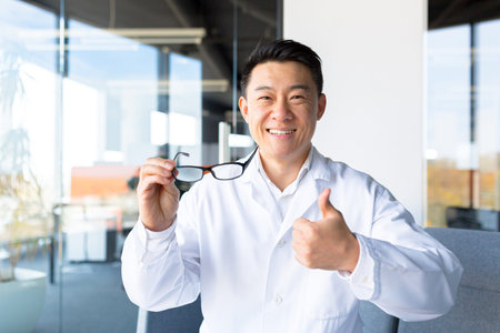 Happy asian ophthalmologist doctor holding glasses, recommending to improve eyesight, looking at...