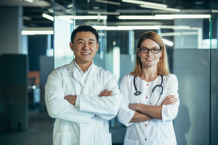 Successful and smiling doctors look at the camera and smile, with folded arms, working in a modern...