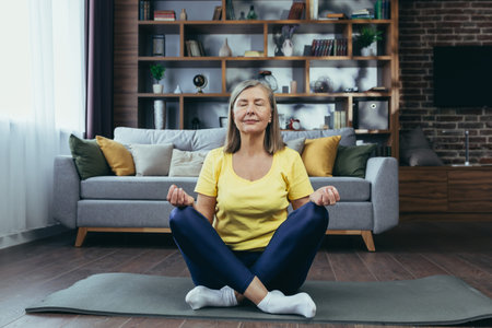 Senior gray-haired woman meditates sitting on a mat, relaxing at home, doing yogaの写真素材