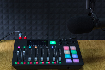 Podcast recording studio, with microphones and equalizer for recording online radio broadcasts, with...