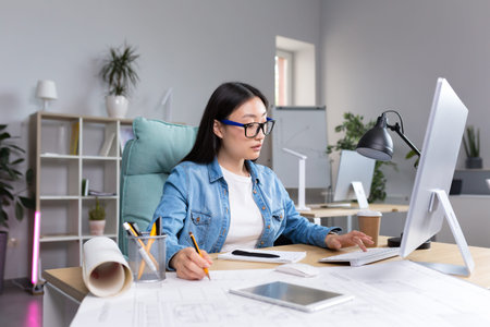 Young beautiful Asian female architect working on a project in an architectural office studio.