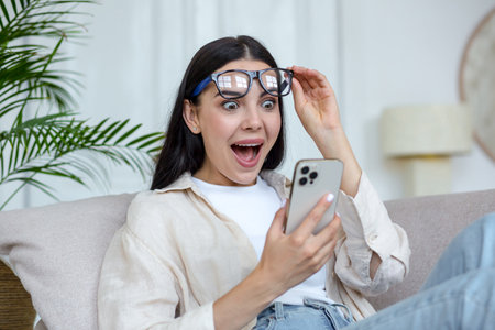 Young beautiful woman in glasses joyfully reading message from mobile phone, brunette at home sitting on sofa restingの写真素材