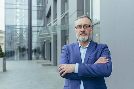 Portrait of serious senior gray-haired investor, man with crossed arms outside office looking at...