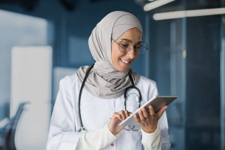 Female doctor in hijab works in modern clinic office, Muslim female doctor uses tablet computer, nurse in medical white coat and glasses with stethoscope.の写真素材