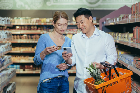 Diverse family couple Asian man and woman in supermarket satisfied and happy shopping, using app on phone to select products and shopping list, use credit card.の写真素材