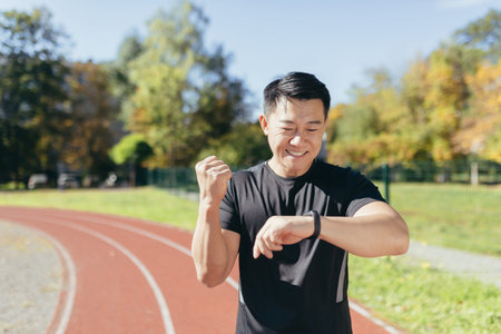 Asian running in the stadium sunny day man looks at the smartwatch and is satisfied with the result...