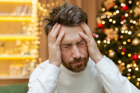 A man has a headache for Christmas, a close-up photo on New Years Eve near the tree, a man holding his head with his hands, sick, sitting on the sofa at home alone.の写真素材