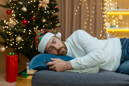 A man is tired for Christmas, wearing a New Years hat, sleeping near the Christmas tree, sitting on the sofa at home in the living room after celebrating Christmas.の写真素材