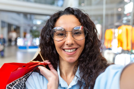 Beautiful hispanic woman looking into smartphone camera talking on video call and taking selfie...