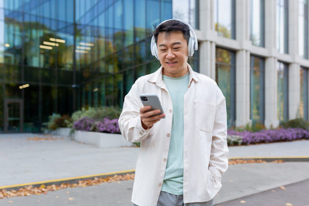 Asian man in casual clothes listening to music in headphones smiling and happy, programmer using...