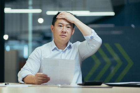 Shocked male Asian student holds a document in his hands. The worried person holds his head. Sitting at the desk in the office, received a letter, exam results, information about studies, bill.の写真素材