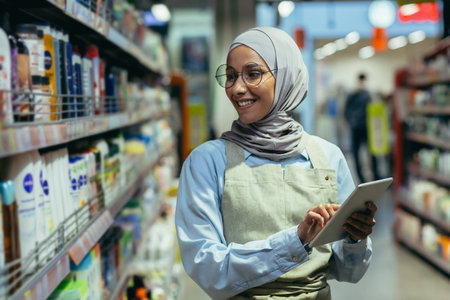 A woman checks products and goods in a supermarket, a Muslim woman in a hijab uses a tablet near a shelf with goods, a worker in an apron smiles at work.の写真素材