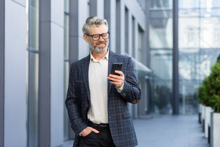 Successful gray-haired businessman walks outside office building, mature boss in glasses uses phone, man smiles and types message, reads online news and browses internet pages.の写真素材