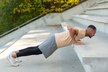 Cheerful and smiling hispanic man doing outdoor exercise in stadium, man stretching and recuperating...