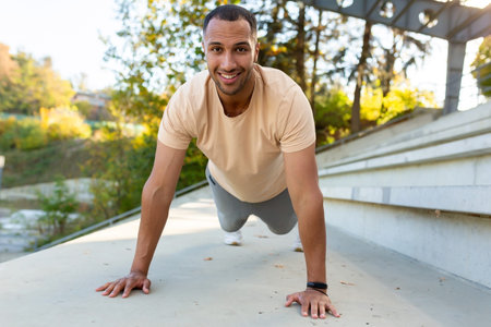 Cheerful and smiling hispanic man doing outdoor exercise in stadium, man stretching and recuperating...
