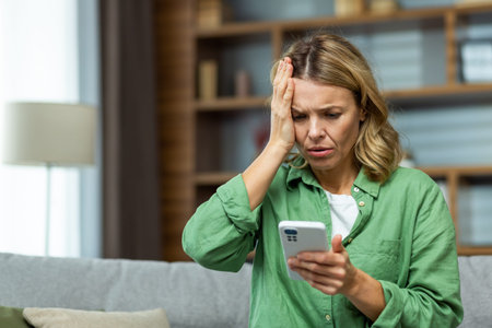 Lonely mature woman alone close up holding phone upset and depressed reading bad news on smartphone...