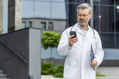 An older gray-haired male doctor is standing outside the clinic in a uniform and holding a folder. Uses a mobile phone, anxiously reads messages, calls a patient, chats.の写真素材