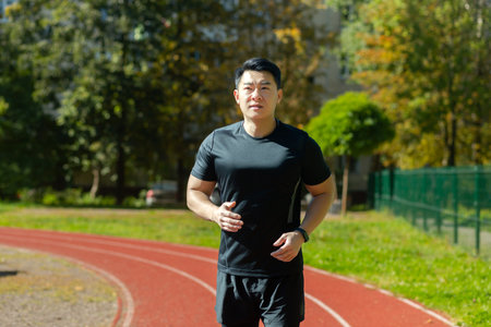 Portrait of a young Asian man, a sportsman, an athlete running a marathon, doing a morning run on a treadmill in a stadium.の写真素材