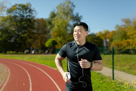 Young Asian male athlete running in the stadium, doing a morning run in headphones, holding a phone, listening to music. audiobook, podcast.の写真素材