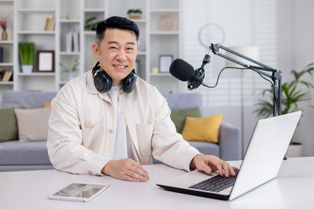 Portrait of blogger at home, Asian man smiling and looking at camera, man sitting at table with laptop in living room, recording audio podcasts and doing online radio.の写真素材