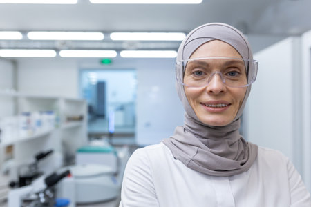 Close-up photo. Portrait of a young Muslim female lab assistant, pharmacist, scientist in hijab and protective glasses standing in medical laboratory, smilling, looking at camera.の写真素材