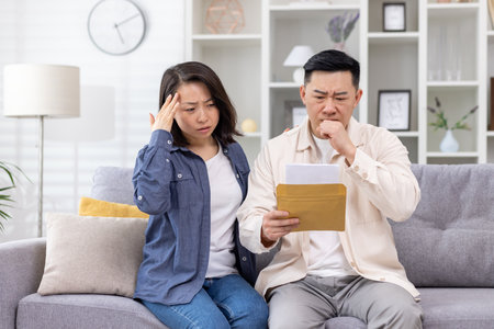 Upset Asian family, man and woman sitting together at home in living room on sofa, couple received letter mail envelope notification with bad news, unhappy with received message.の写真素材