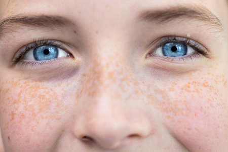 Close-up photo. Body part. Young happy and joyful face in freckles, blue eyes of a child, teenager, looking at the camera.の写真素材