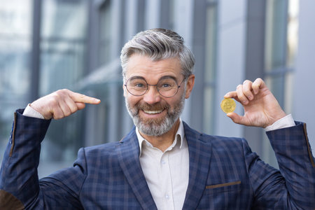 Portrait of a happy senior businessman standing in a suit outside an office center and holding bitcoin, cryptocurrency in one hand, pointing to the coin with the other hand.の写真素材