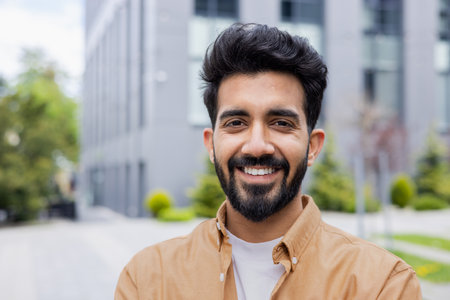 Close up photo portrait of young Hindu student, man smiling and looking at camera, businessman outside office building wearing shirt.の写真素材