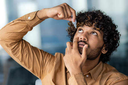 A young businessman works for a long time at a laptop inside the office, the man drips drops into his eyes, eye pain. An Indian man sits with a laptop at the workplace.の写真素材