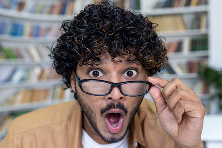 Close-up photo. Portrait of a young hispanic man in a library, bookstore, who looks at the camera in...