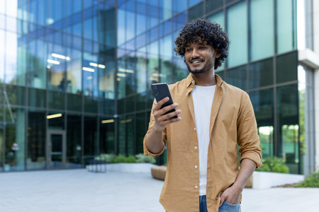 Portrait of a young handsome hispanic male student standing outside the campus and using the phone,...