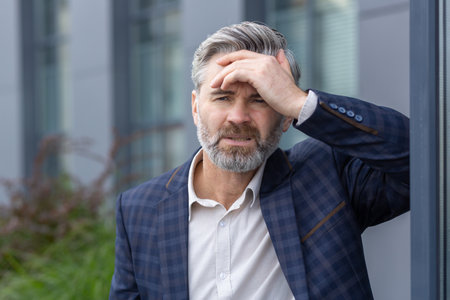 Upset and depressed boss outside office building, financial failure and bankruptcy of mature adult investor, gray haired man in business suit disappointed fails in financing.の写真素材