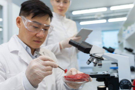 A male researcher in the laboratory examines meat, a team of scientists conducts experiments with artificially grown food, an Asian man and a woman in white medical coats test drugs.の写真素材