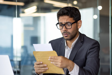 Upset and disappointed businessman at workplace received mail message envelope letter with bad news, arab unhappy with financial results achievement at workplace inside office.の写真素材