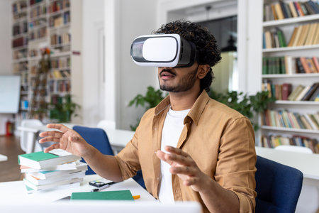 A young Indian male student is sitting in a library and studying through a virtual mask online. Sitting at the table and gesturing with his hands. Close up photo.の写真素材