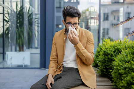 A sick man sneezes sitting on a bench outside an office building in the air, a cold businessman with the flu has a runny nose.の写真素材