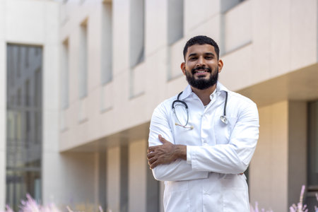 Portrait of a young doctor student, an intern standing outside the medical building and looking at the camera with his arms crossed on his chest.の写真素材