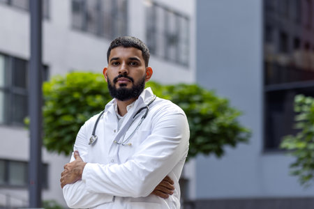 Portrait of a confident Muslim male doctor standing outside a hospital and looking seriously into the camera with his hands folded across his chest.の写真素材