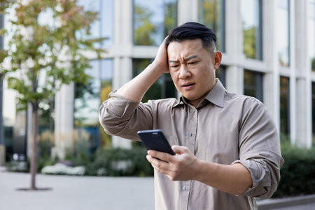 Upset young asian man standing near office building and holding head, reading bad news and message on phone.の写真素材