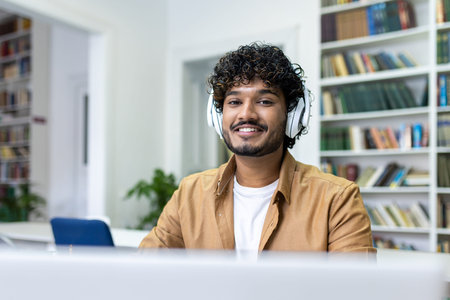 Close-up portrait of a young Indian male student in headphones studying in the library using a...