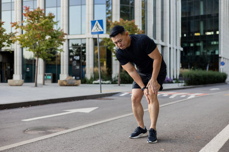 A young Asian man runs in the morning through the streets of the city, stands and holds his leg, feels severe pain and spasm in his knee, has a sports injury.の写真素材