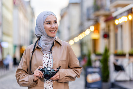 Young beautiful woman walking in the evening city in hijab, tourist with camera and wearing a hat inspects the historical city smiling with satisfaction, Muslim woman on a trip.の写真素材