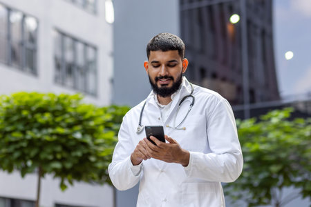Arab smiling young male doctor, student standing near university hospital in uniform and using phone.の写真素材