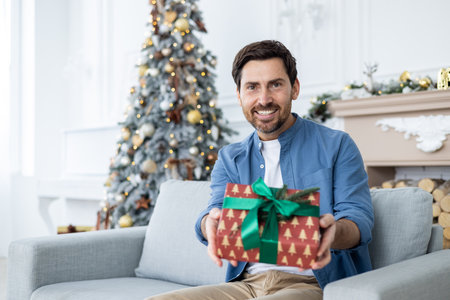 Man sitting at home celebrating New Year and Christmas holidays, using laptop for video call, showing gift box to webcam, greeting friends and family in living room remotely from home.の写真素材