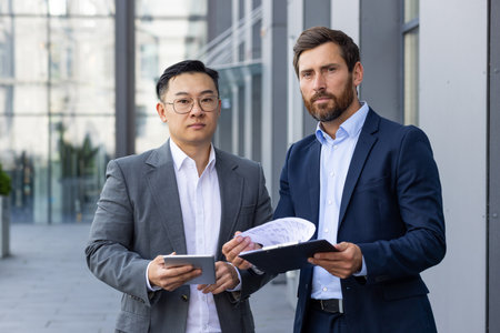 Two adult business men in suits standing outside the office, discussing important work issues, comparing papers, preparing for a presentation, looking at the camera.の写真素材